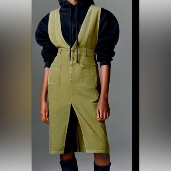 ZARA khaki corduroy pinafore midi cotton overall dress M - Picture 1 of 15